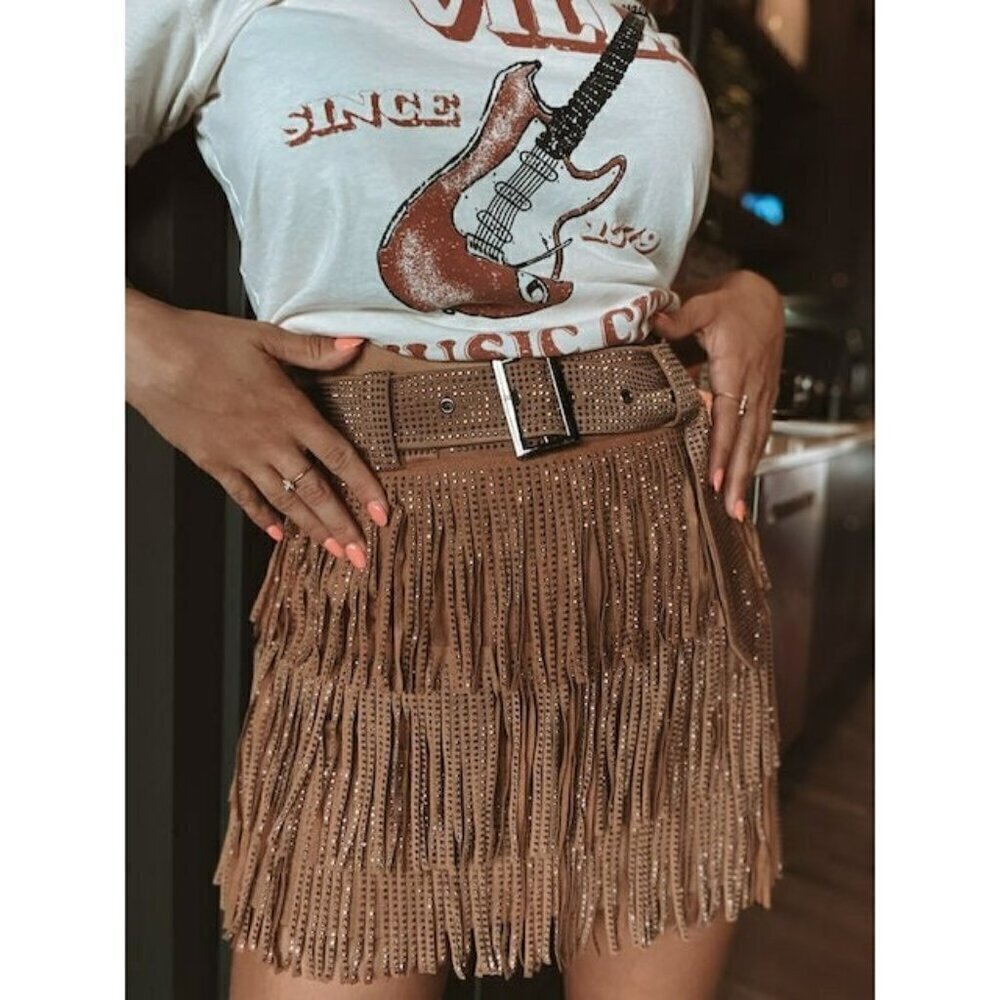 *PLUS ONLY* Spotlight Stealer Rhinestone Fringe Mini Skort Camel - Picture 1 of 10
